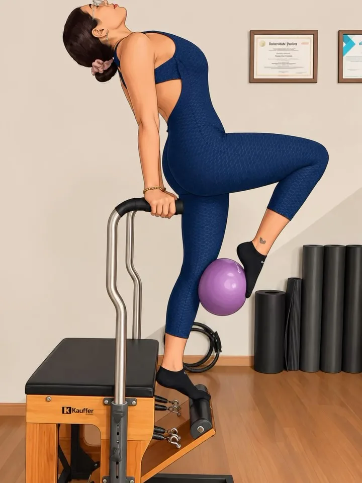 Exercício de equilíbrio no Chair, com bola entre a perna e a barra