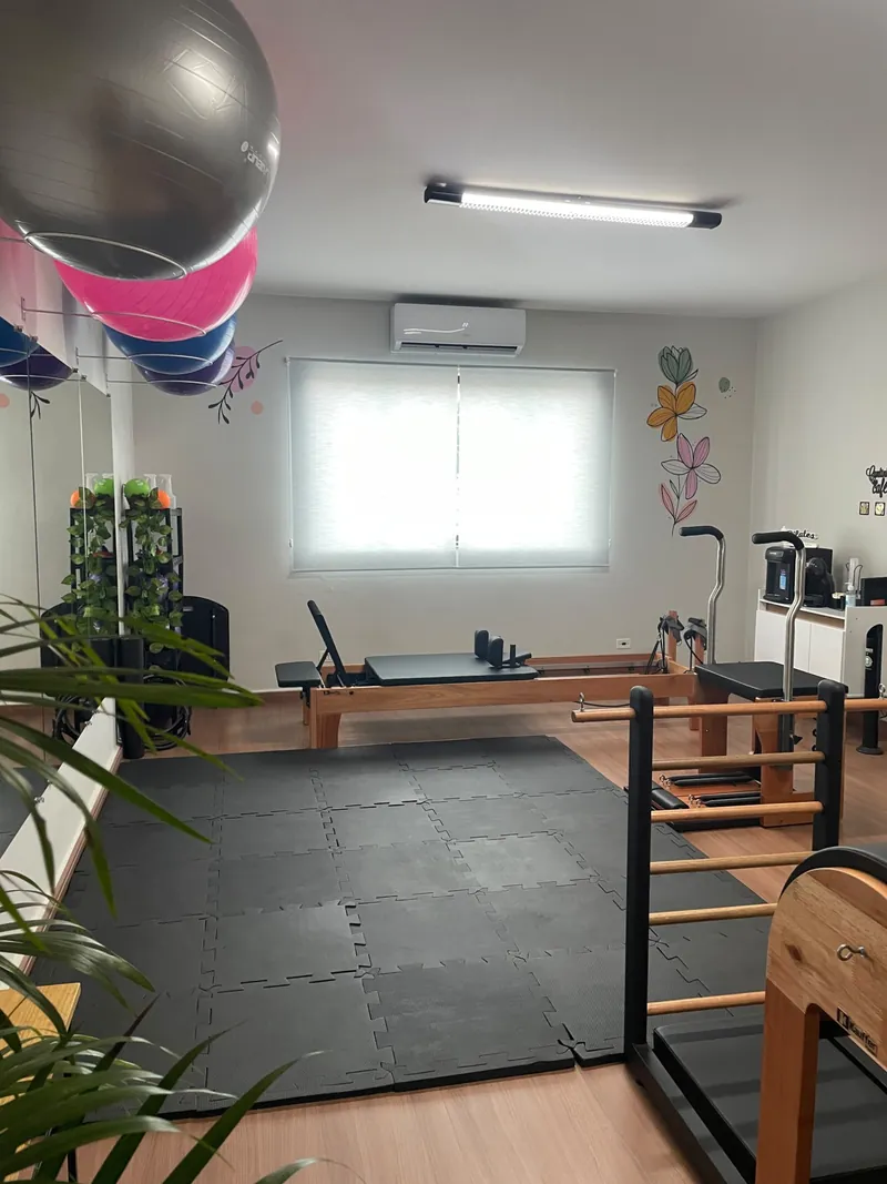 Reformer de madeira em frente à janela, com flores pintadas na parede e bolas suíças no suporte
